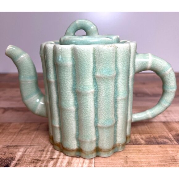 Pretty Celadon Crackle Glaze Ceramic Bamboo Teapot - Picture 1 of 5